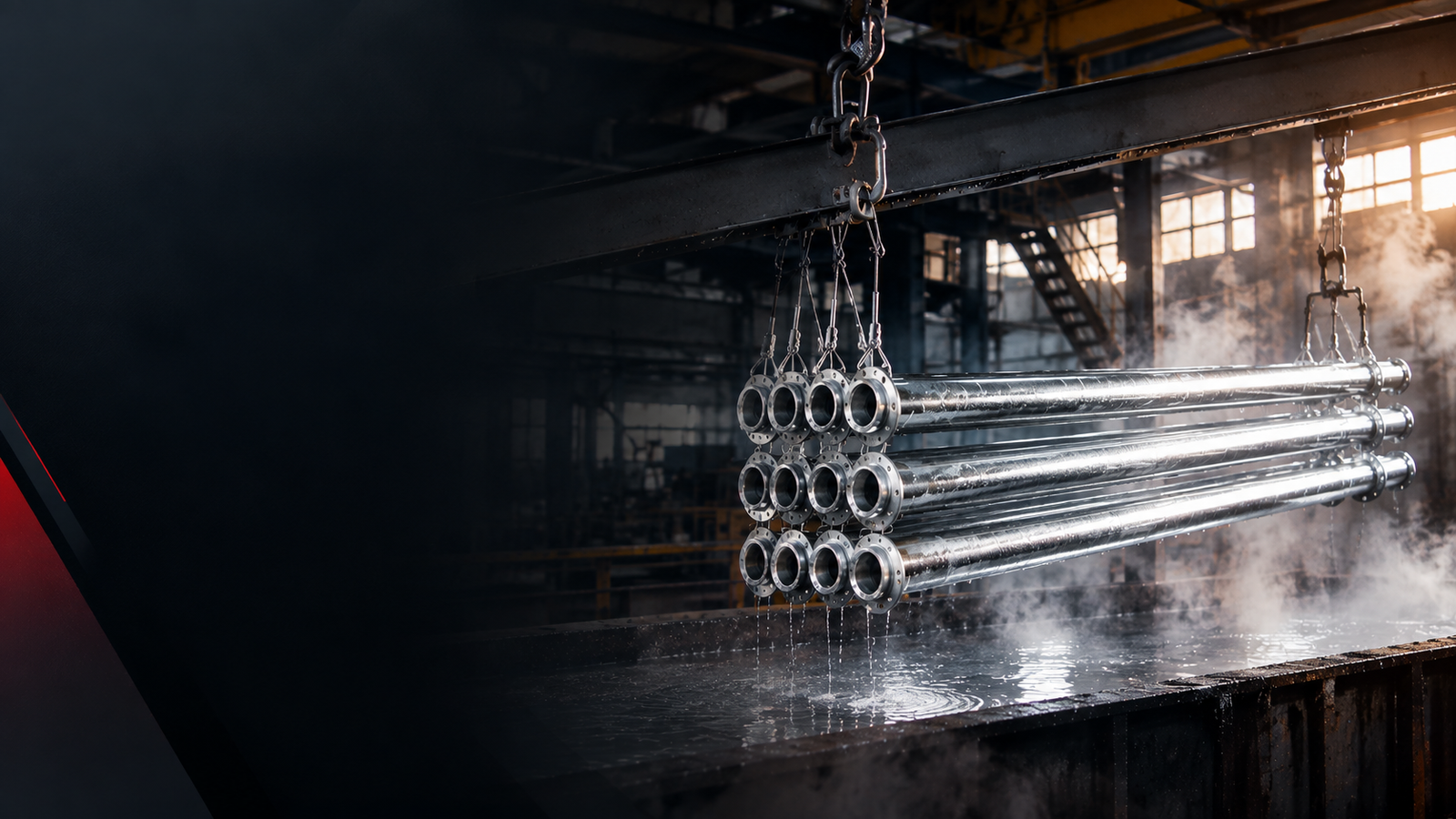 Hot dip galvanized steel pipes lifted out of the galvanizing bath